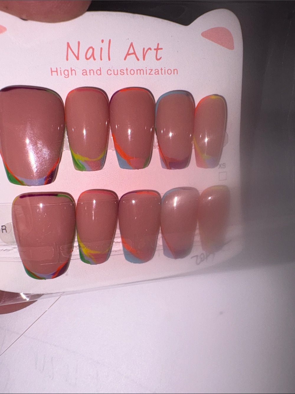 Premium custom-made Neutral Pink Press-On Nails with Rainbow Accent Tips Sz L $6